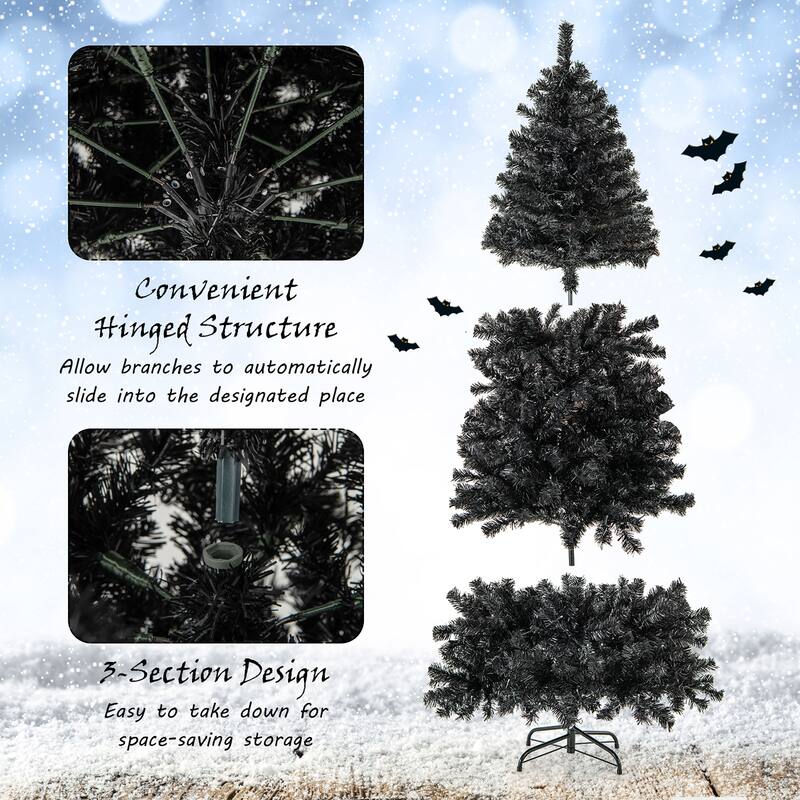 Gymax 6/7 FT Artificial Halloween Tree Pre-Lit Black Christmas Tree w/