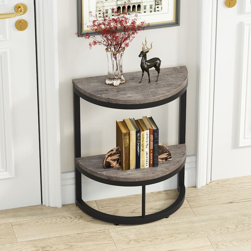 2-Tier Half Round End Table with Storage for Sofa, Living Room - Grey