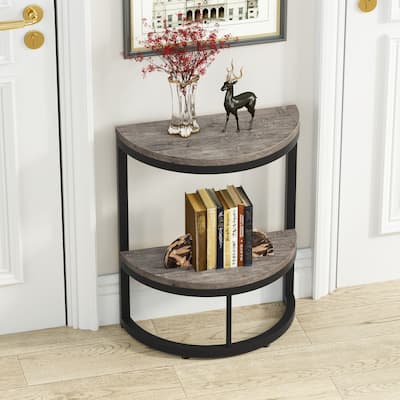 2-Tier Half Round End Table with Storage for Sofa, Living Room