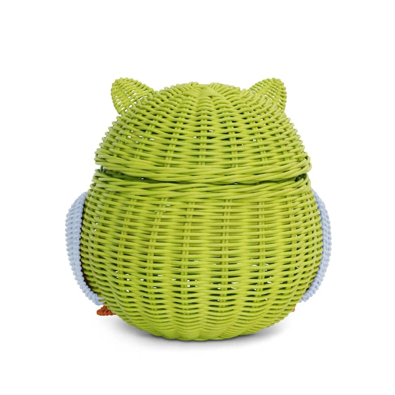 Green Owl Rattan Storage Basket with Lid Decorative Home Decor Hand Woven Shelf Organizer Cute Handmade Handcrafted Gift Art