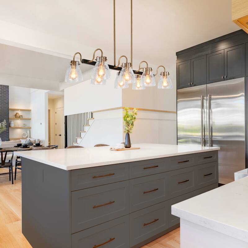 Modern 8-Light Gun Black Gold Chandelier Textured Glass Kitchen Island Light