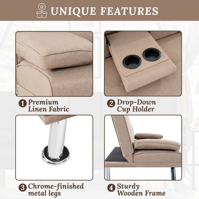 Convertible Futon Sofa Bed with Armrests & Cupholders - Faux Leather Reclining Couch for Small Spaces