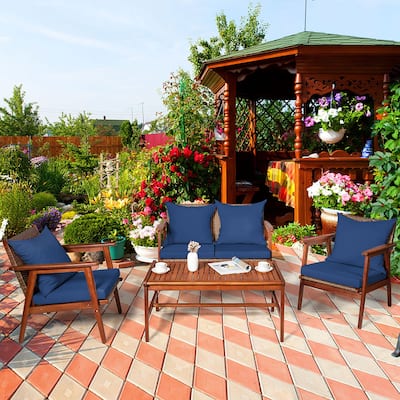 Costway 4PCS Patio Rattan Furniture Set Acacia Wood Frame Cushioned - See details