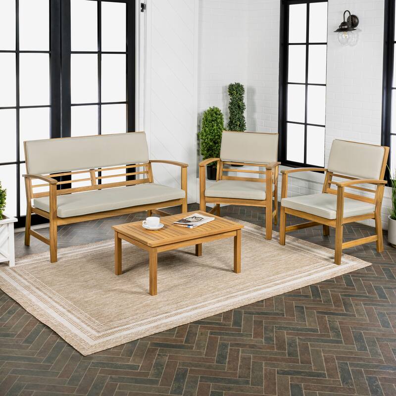 Freja 4-Piece Modern Coastal Acacia Wood Conversation Outdoor Patio Set with Cushions, by JONATHAN Y