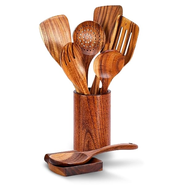 9 Piece Wooden Utensil Set with Holder and Spoon Rest