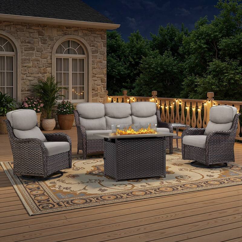 Meyreso 5-Piece Outdoor Patio Wicker Fire Pit Conversation Set with 5-Inch Thick Olefin Cushions - Beige Cushions - Brown Wicker