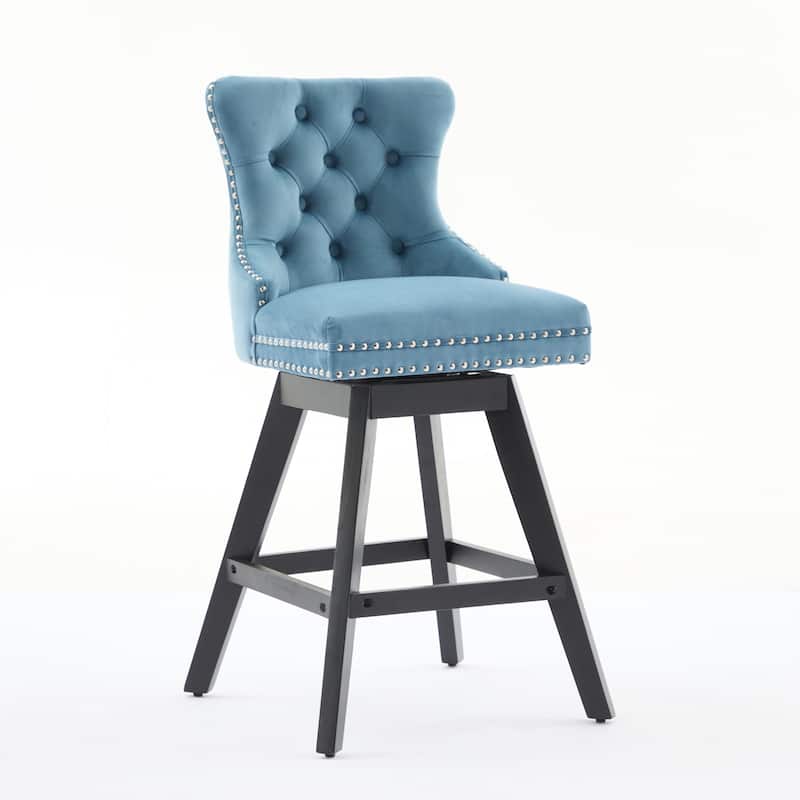 Set of 2,Swivel Velvet Barstools with Button Tufted Decoration and Wooden Legs