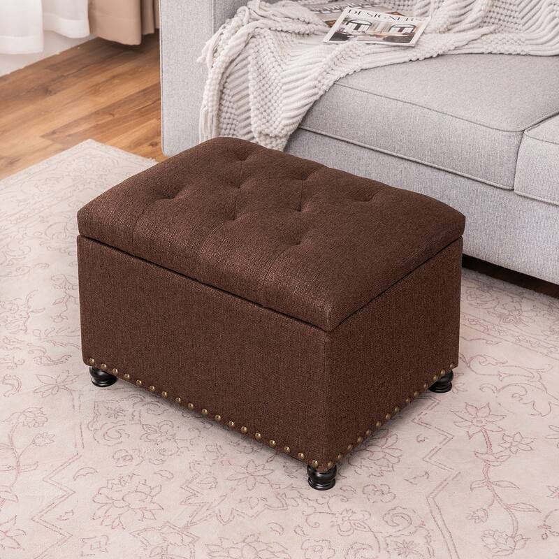 Adeco Norsup Grey Blended Linen Storage Ottoman Footstool
