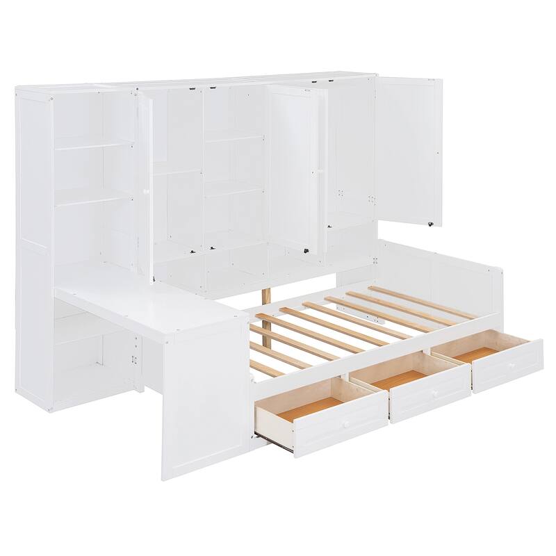Versatile Twin Size Daybed with Desk & All-in-One Cabinet, Space-Saving Wooden Storage Platform Frame with 3 Drawers and Shelves