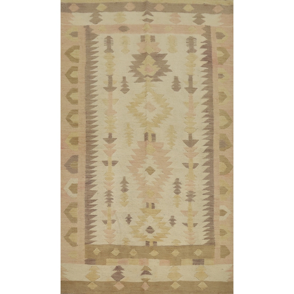 Hand Woven Oriental 100% Wool Carpet Southwestern Tribal Beige & Ivories Kilim Area Rug - 6' 6'' X 4' 0''