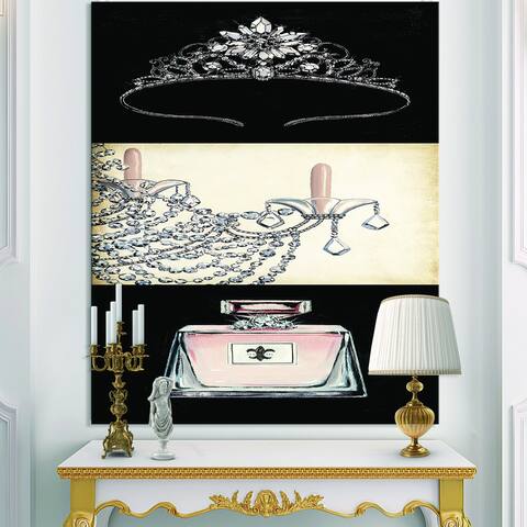Designart 'Chandelier, Parfum and Glamorous Tiara' Fashion Canvas Artwork Print - Black