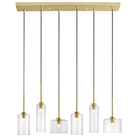 6 Light Halogen Horizontal Pendant, Aged Brass with Clear Glass