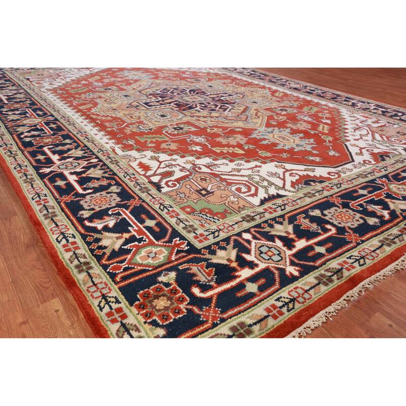 Hand Knotted Oriental 100% Wool Carpet Traditional Medallion Oranges & Rust Heriz (serapi) Area Rug - 11' 9'' X 8' 10''