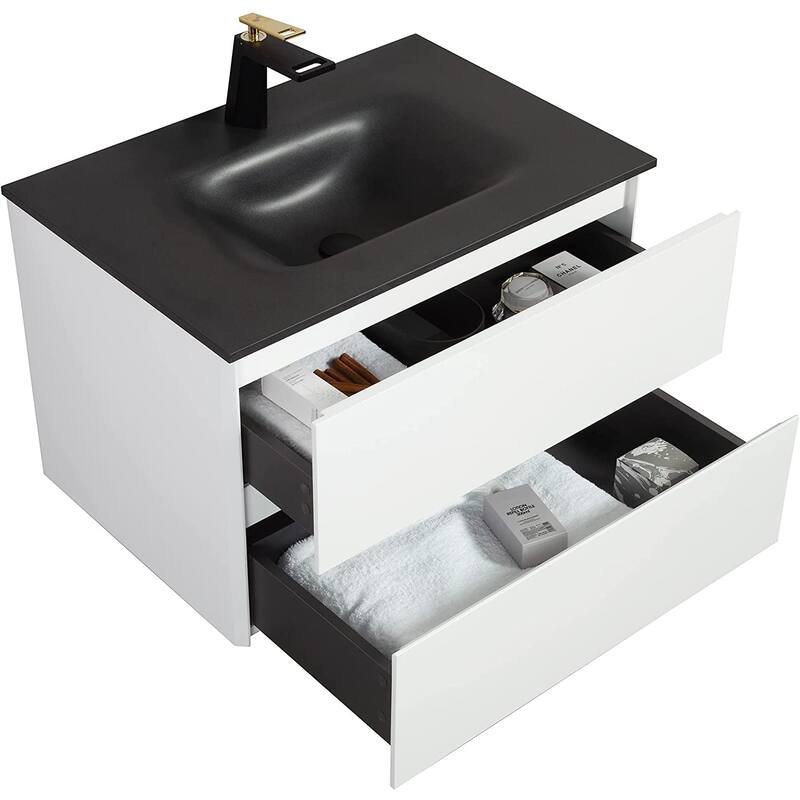 Wall-Mounted Bathroom Vanity Set in White with Black Quartz Top and Integrated Sink