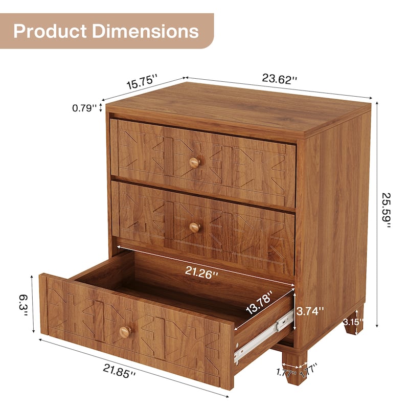 Nightstand Bedside Table with 3 Drawers and Elegant Patterns