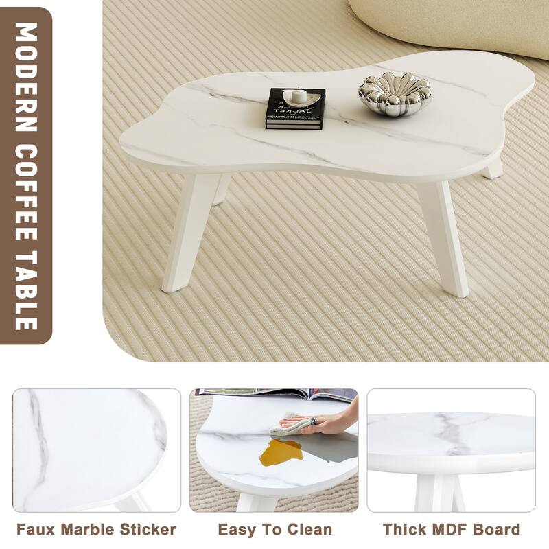 Modern Minimalist Imitation Marble Tabletop Coffee Table. Solid Wood Spray Painted Desk Legs, Cloud Shape