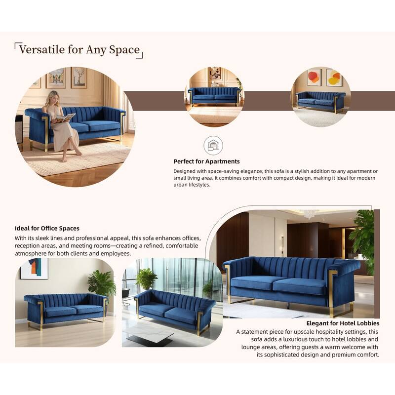 Velvet Sofa Couch for Living Room, Modern Loveseat Couch with Gold Accents, Apartment Chesterfield Sofa