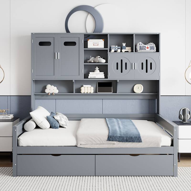 Wooden Daybed with 2 Drawers, All-in-One Cabinet and Shelf for Bedroom