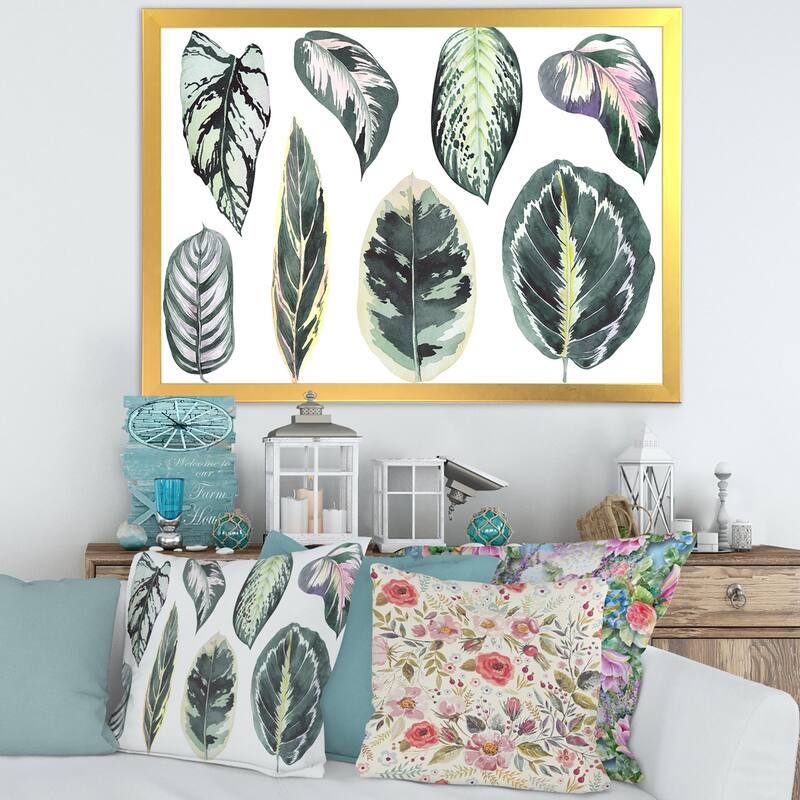 Designart "Tropical Calathea Leaves" Bohemian & Eclectic Framed Art Print - 32 In. Wide x 24 In. High - Gold