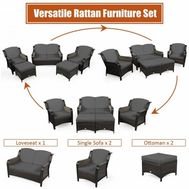 5 Pieces Patio Rattan Sofa Set with Cushion and Ottoman - 51" x 33.5" x 33" (L x W x H)
