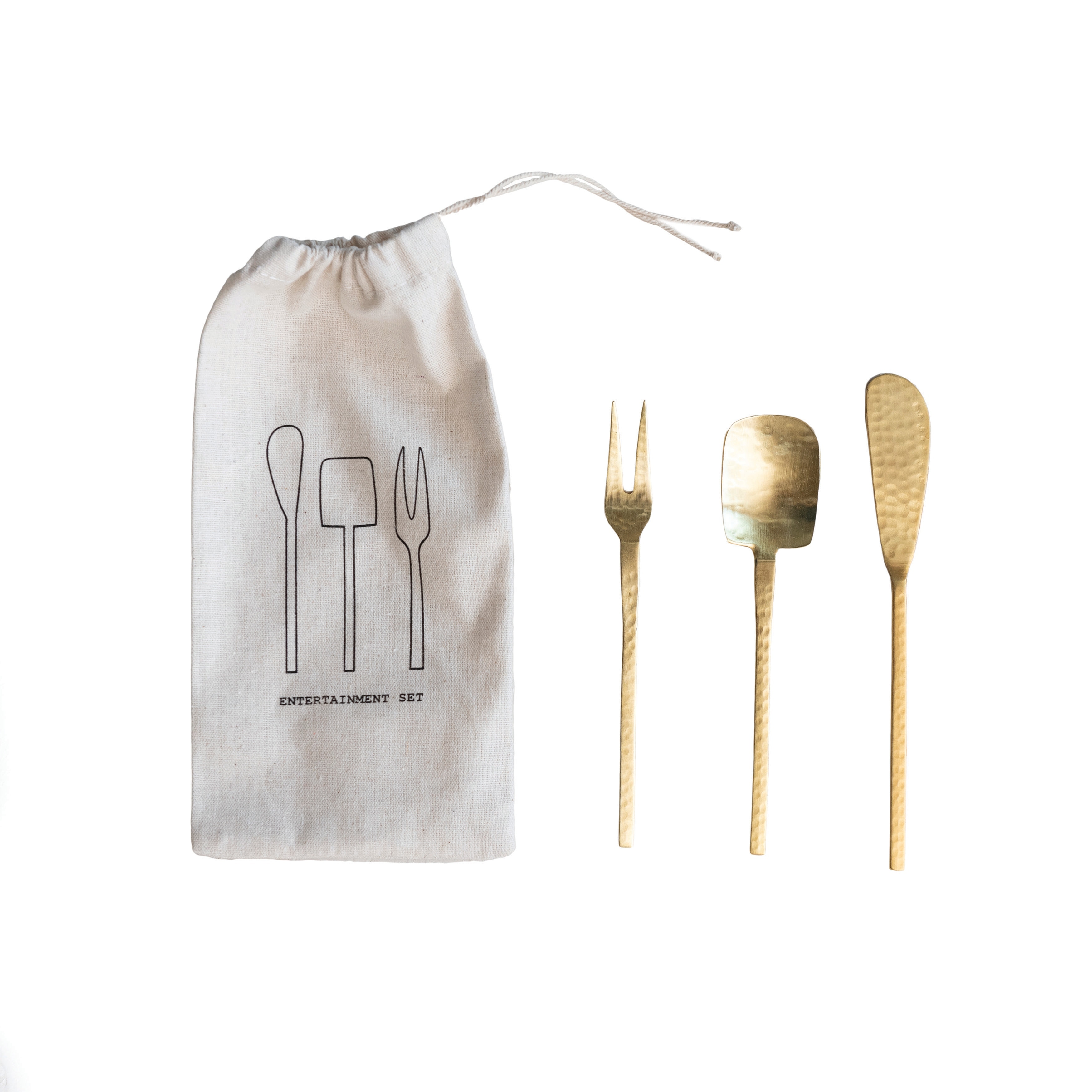 Hammered Stainless Steel Appetizer Utensils in Printed Drawstring Bag - 6.3"L x 0.8"W x 0.3"H