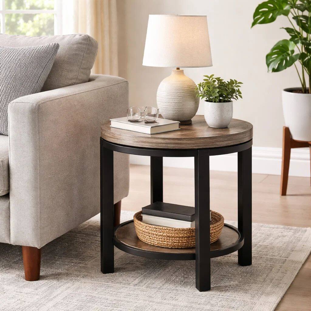 Cyon 24 Inch Round Side End Table, Black Metal Frame, Gray Wood, Open Shelf