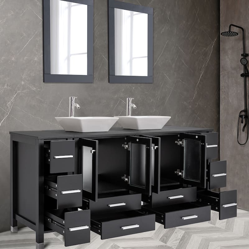 72" Bathroom Vanity Set with Vessel Sink Side Cabinet Combo - white ceramic square sink - Black
