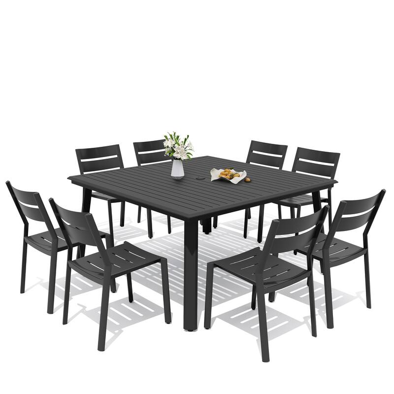 9-Piece Outdoor Patio Dining Set All-Weather Aluminum Square Table with Umbrella Hole and Stackable Chairs