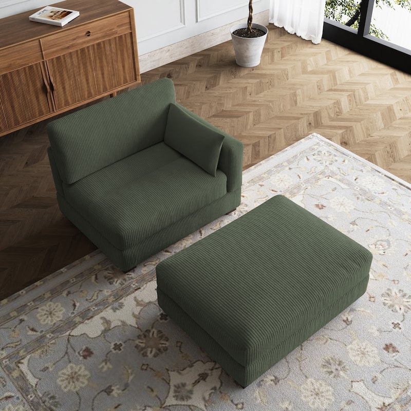 Modular Sectional Sofa with Ottomans - Green-Right - Right Facing