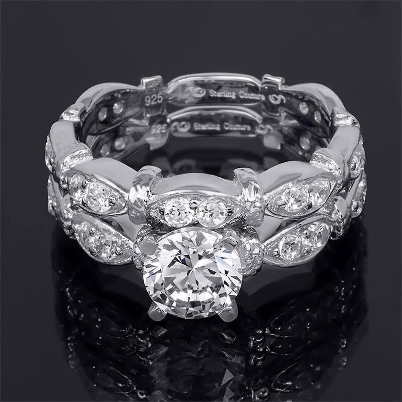Sterling Silver 1.30 Ct Round Cut 4 Prong Wedding Engagement Ring Set