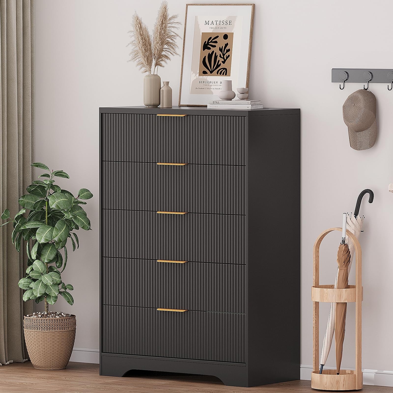 Fluted 5 Drawer Dresser for Bedroom, 47" Tall Modern Chest with Gold Handles for Living Room