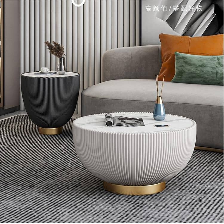 Modern Drum Coffee Table, Sintered Stone Coffee Table with PU Leather and Aluminum Alloy Base