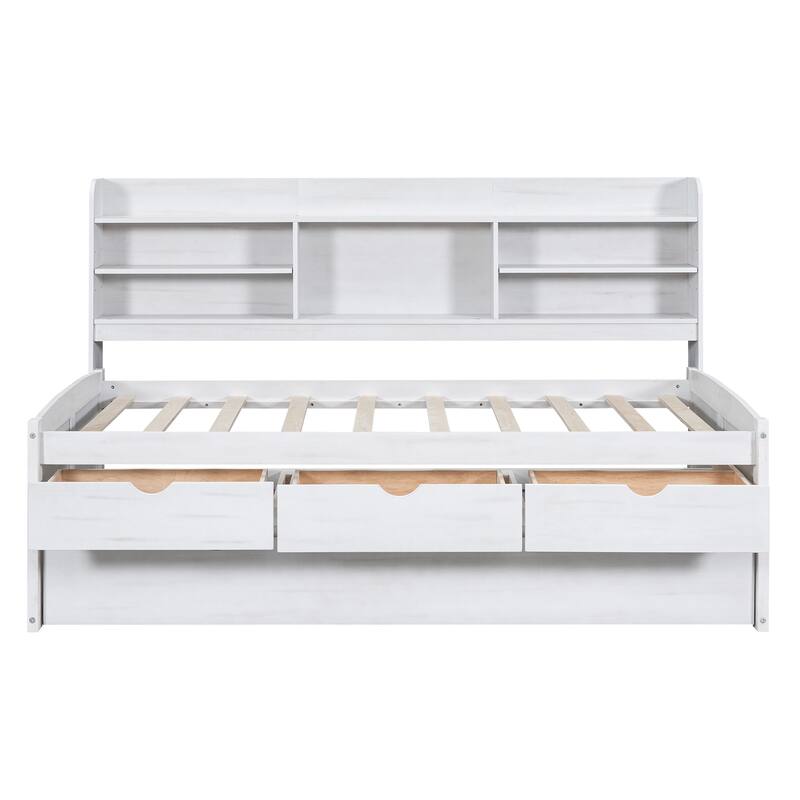 Twin Size Wooden Captain Platform Bed with Built-in Bookshelves, Three Storage Drawers and Trundle