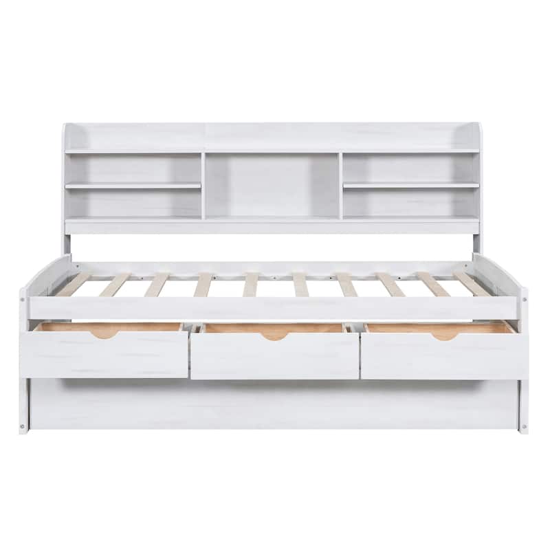 White Twin Pine Captain Bed with Shelves, Drawers & Trundle