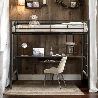 Full Loft Bed with Desk & Shelves, Black