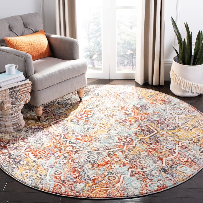 SAFAVIEH Madison Shirlee Vintage Boho Oriental Rug - 6'7" Round - Light Grey/Light Blue