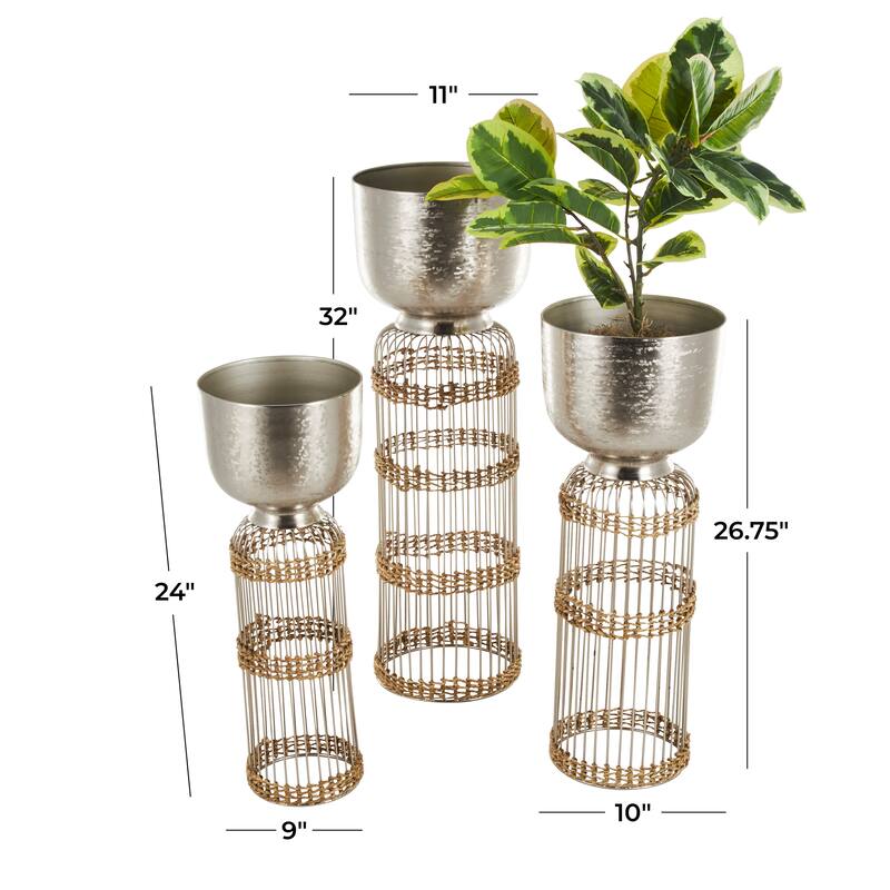 Silver or Gold Metal Caged Wire Planter with Woven Seagrass Accents (Set of 3)