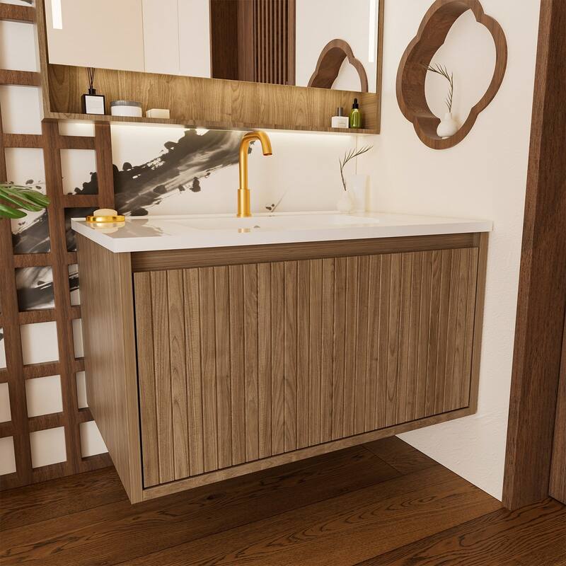 GDFStudio - Aero Modern Mid-Century Wall-Mounted Bathroom Vanity Base with Soft Close Drawer & Storage Spaces, WITHOUT Sink