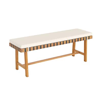 Natural-Off White Acacia Wood Outdoor Bench with Cushion 48 inches Seat - 48" x 14" x 18"