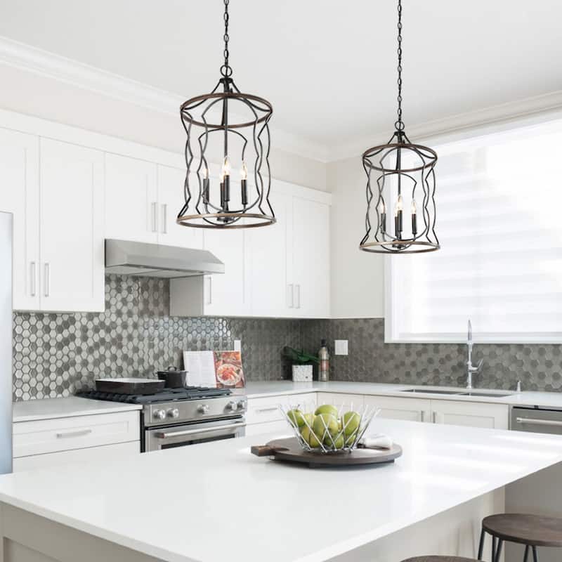 Modern Farmhouse 4-Light Cylinder Wood Grain Chandelier for Kitchen Island