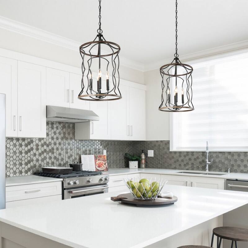 Modern Farmhouse 4-Light Cylinder Wood Grain Chandelier - Brushed Silver-black