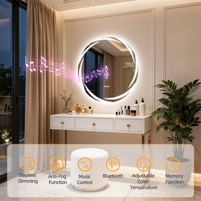 32" Round Bluetooth Speakers Vanity Mirror Wall Mounted Bathroom Mirror - 31.50"x31.50"