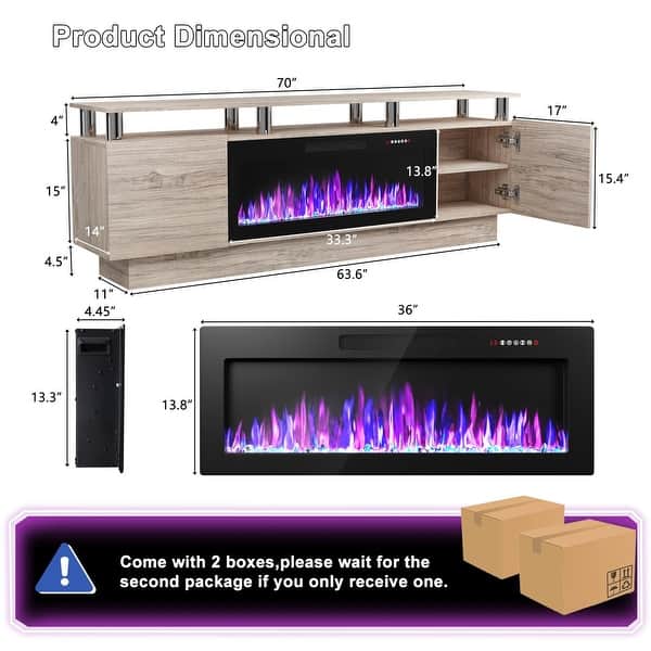 dimension image slide 5 of 6, BOSSIN 70" Modern Electric Fireplace TV Stand, with Electronic Flame and LED Lights, High Gloss Finish Entertainment Center