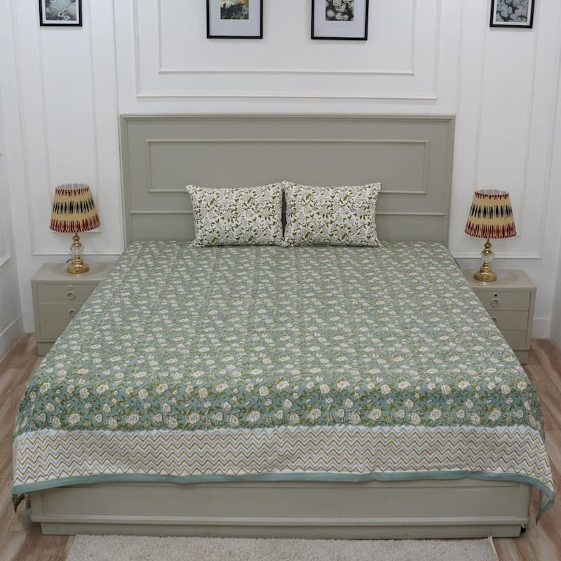 Fabdivine Handmade Block Print Flat Sheet or Bed Sheet Cotton Fabric Floral Home Decor - Mrignanayni- Teal, Green, Brown - Queen