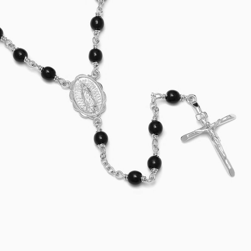 Roberto Martinez Gold or Platinum Plated Polished Black Glass Bead Rosary Necklace