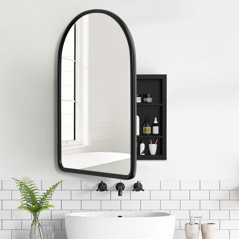 Arched Bathroom Medicine Cabinet with Mirror Wooden Framed Wall Mounted Recessed Cabinets for Bathroom Vanity