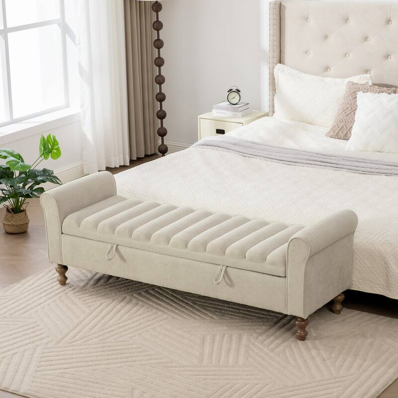 Griege End of Bed Bench Storage Bench with Rubberwood Legs, Rustic Indoor Bench Ottoman Bench with Armrests
