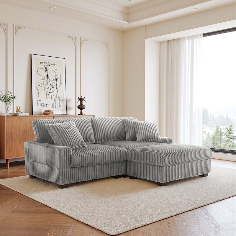 79" W Upholstered Plush Corduroy Sectional Modular Sofa with Ottoman - Light Grey