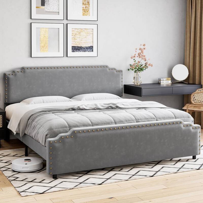 Velvet Upholstered Platform Bed Frame, No Box Spring Needed