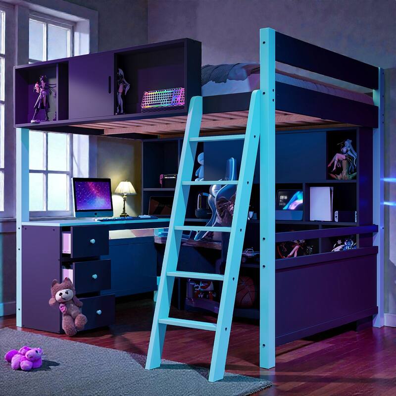 Full Size Gaming Loft Bed with Desk, LED Light, Storage Shelves and Drawers, Wood Loft Bed Frame for Teens Kids